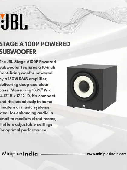 The JBL Stage A100P powered subwoofer is designed to deliver deep, clear bass. Its 10-inch front-firing woofer enhances the audio in small to medium-sized rooms for a more dynamic experience.