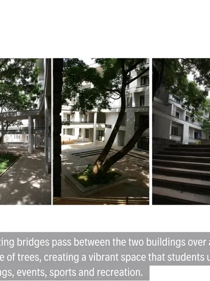 Connecting bridges pass between the two phases of the curved hostel, creating a vibrant plaza space below. This area is now used for events, sports, and recreation.