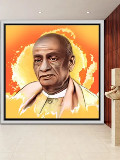 Another display option for the Sardar Patel artwork, shown in a white frame against a modern interior.