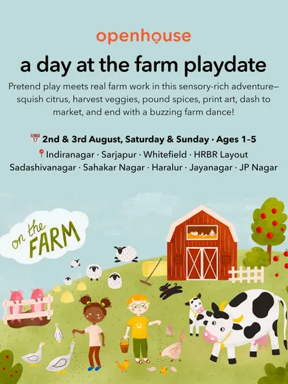 A poster for our "Day at the Farm Playdate," a sensory-rich adventure where pretend play meets real farm work. Kids get to squish citrus, harvest veggies, and dash to a pretend market.