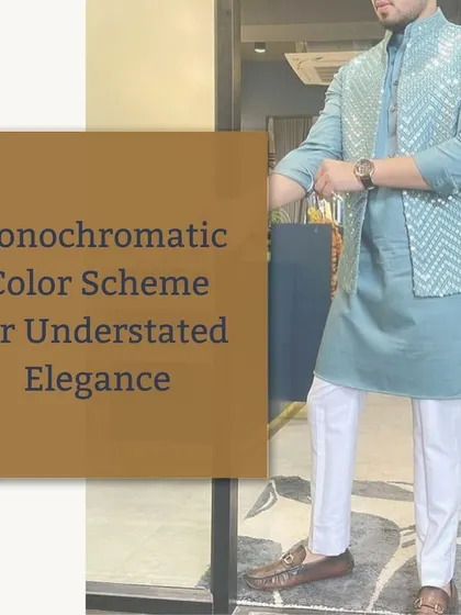 For a look of understated elegance, try a monochromatic color scheme. This light blue kurta paired with a sequined jacket in a similar tone is both modern and refined.