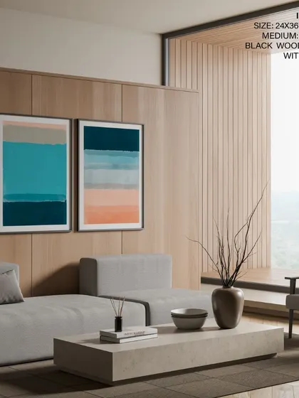 Inspired by Mark Rothko, this set of two abstract watercolor prints features soothing color fields in shades of blue and peach. The black wood frames provide a contemporary finish for this modern art set.