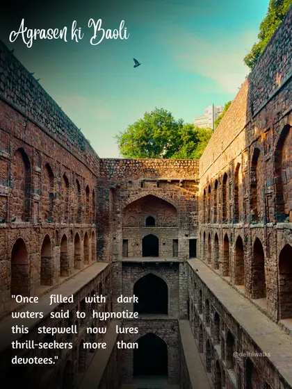 Agrasen ki Baoli, a 14th-century stepwell hidden in plain sight. Once said to be filled with black water that hypnotized people, it now lures thrill-seekers with its eerie silence and echoing footsteps.