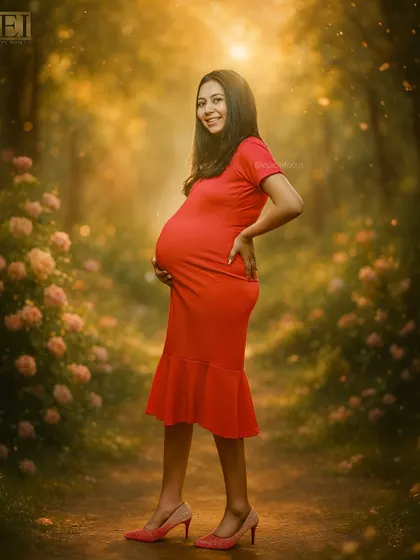 The same vibrant red dress styled with heels for a chic and confident maternity portrait.