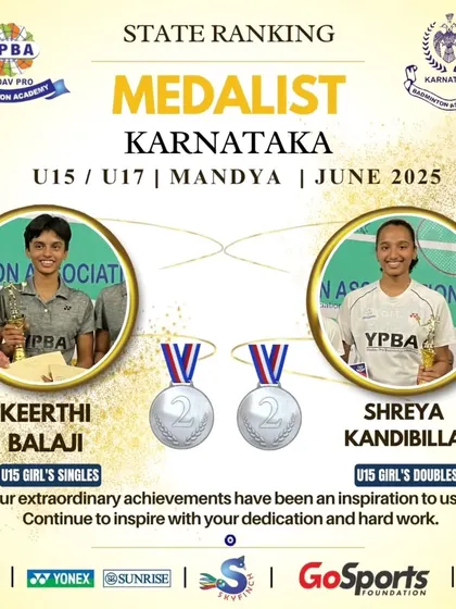 Silver medalists Keerthi Balaji (U15 GS) and Shreya Kandibilla (U15 GD) from the Mandya State Ranking.