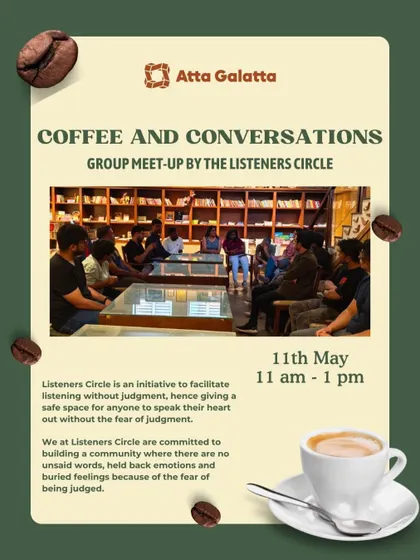 Poster for 'Coffee and Conversations', a safe space to share and listen without judgment.