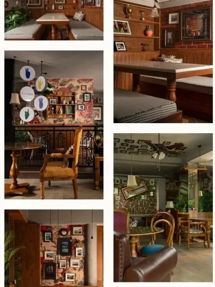 A collage from the Love That Design feature, showcasing the various eclectic and cozy corners of Echoes. The images capture the café's unique blend of rustic charm and curated maximalism.