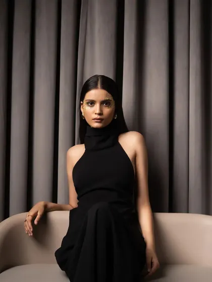 A full-length seated pose that conveys a sense of quiet confidence. The composition and lighting are designed to create a timeless and elegant fashion portrait.