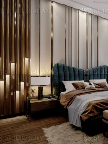 A closer look at the custom headboard wall, which combines upholstered panels with vertical wooden slats and integrated lighting.
