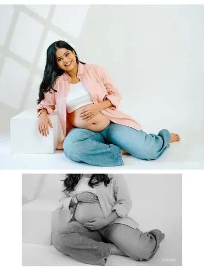 A collage showing both a joyful color portrait and a timeless black and white version. It highlights the versatility of a simple, casual studio session.