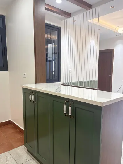 A view of the green kitchen's island and cabinetry, showcasing the seamless design.