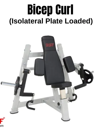 A side profile of the Isolateral Bicep Curl machine, emphasizing its compact footprint and heavy-duty construction.