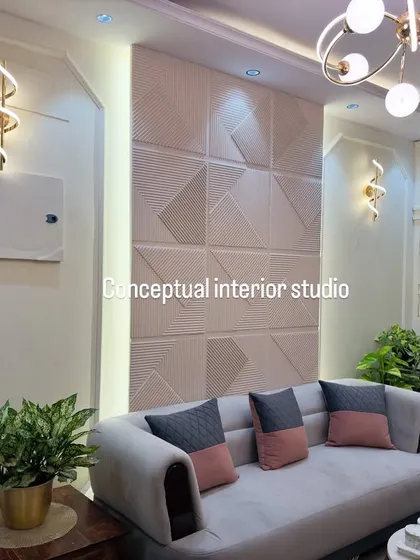 A full view of the living room, showing how the different wall textures, lighting, and furniture come together to create a cohesive and stylish interior.