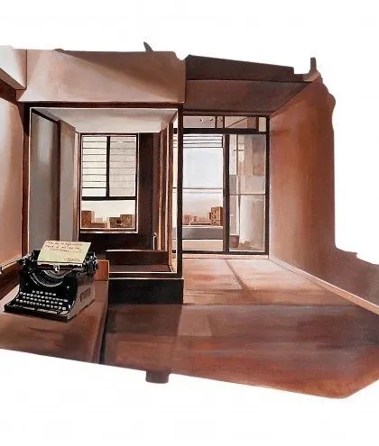 This piece by Bharti is inspired by the geometric structures of Delhi. The artist has deconstructed an interior space, leaving us with a fragmented memory of a room, complete with a vintage typewriter.