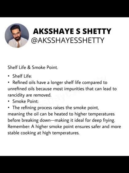 Refined oils have a longer shelf life and a higher smoke point. The refining process removes impurities that cause rancidity and allows the oil to be heated to higher temperatures, making it ideal for deep frying.