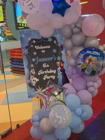 A personalized welcome sign for Jasnoor's 6th birthday party. We can customize signage to match any theme, making the birthday child feel extra special from the moment they arrive.