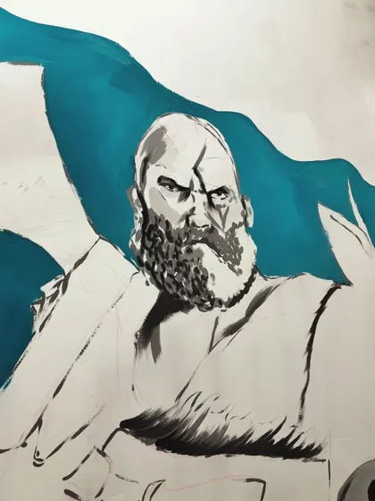 The initial painting of Kratos from "God of War." Even in the early stages, the focus is on capturing his intense expression and iconic features with strong brushwork.