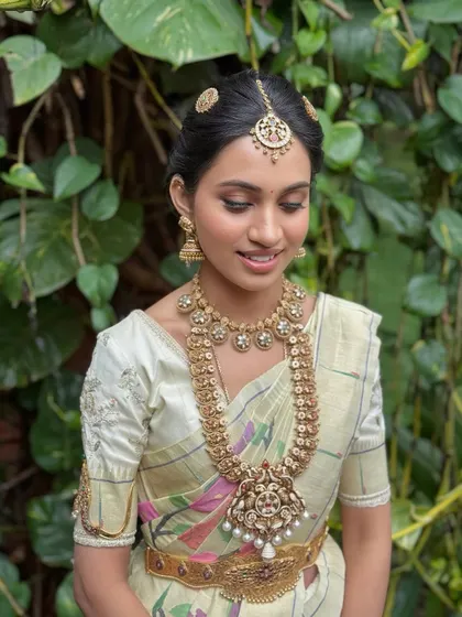 A timeless South Indian glow for Nithya. Her makeup is classic and understated, letting her natural beauty and heritage jewelry shine.
