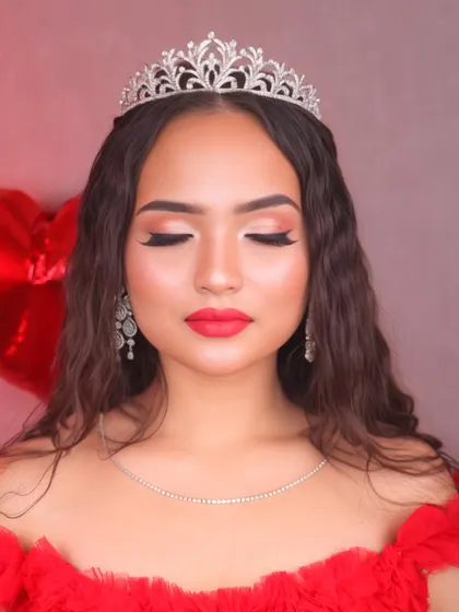 A close-up on the eyes, showing the soft, blended eyeshadow and sharp winged liner that define this romantic look.