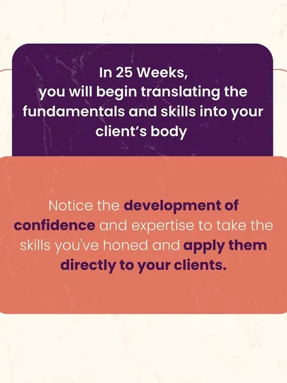 By week 25, you will begin translating these skills to a client's body. This is where your confidence as a teacher starts to build, as you apply your honed skills to guide others.