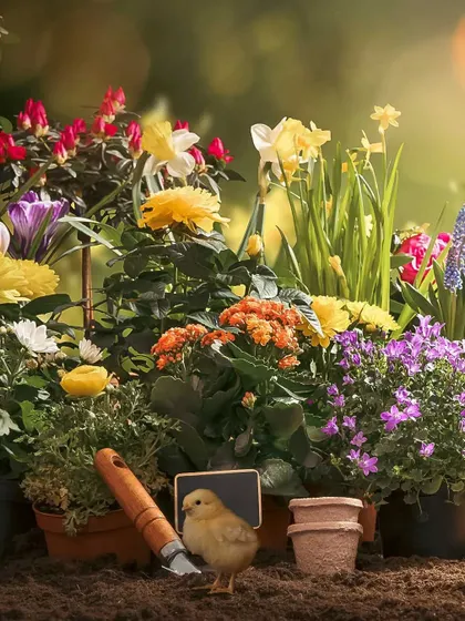 A single brave chick exploring a colorful garden setup. These whimsical scenes are perfect for creating sweet, storybook-like images.