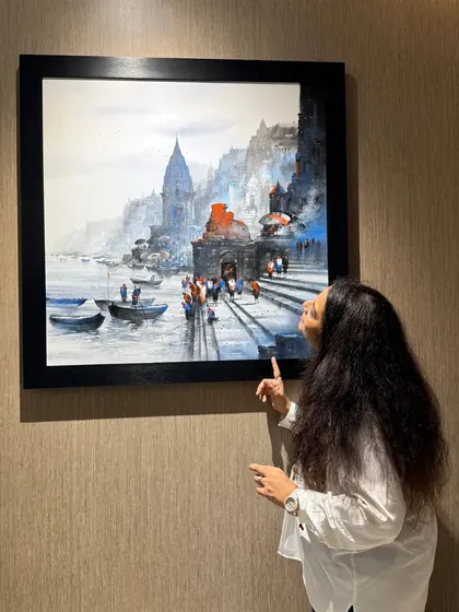 Another beautiful painting of Banaras, this one with cooler tones and a sense of bustling life. Art is a window to another world, and I love choosing pieces that transport you.
