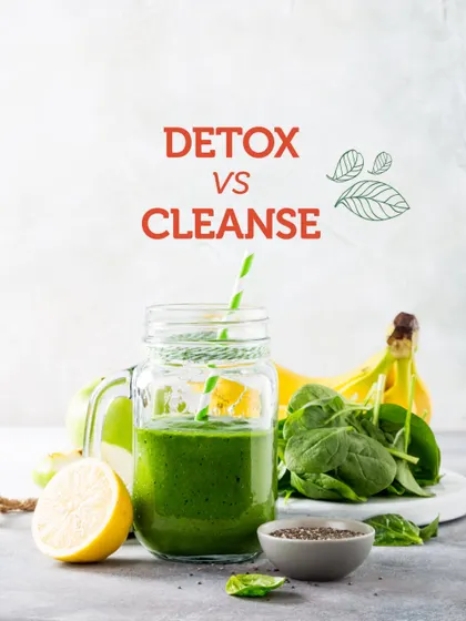 This image, showing a healthy green smoothie, visually represents the concept of a cleanse. While a cleanse focuses on the gut with fiber and light foods, a detox goes deeper to address systemic toxin removal.
