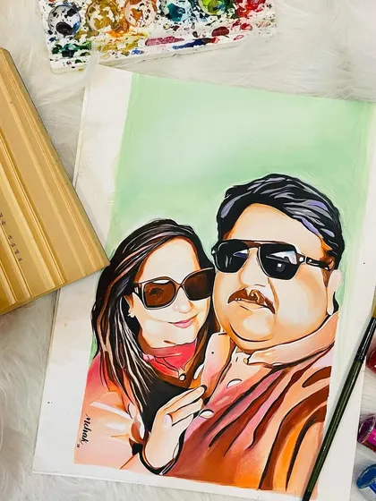 A completed custom portrait of a couple, painted with gouache on art paper. This piece shows how I can work with different poses and accessories, like sunglasses, to create a fun and casual vibe.