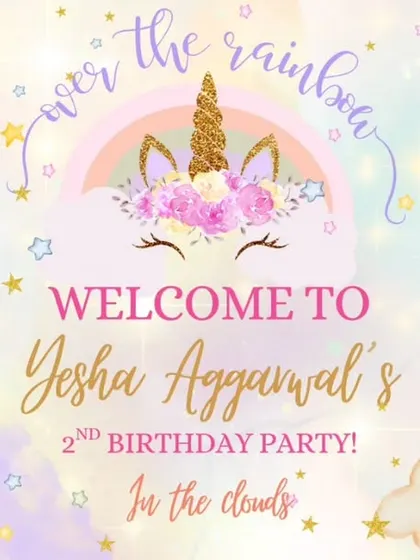 We design custom digital invitations and welcome screens that match the party's theme, like this "Over the Rainbow" design for Yesha's second birthday.