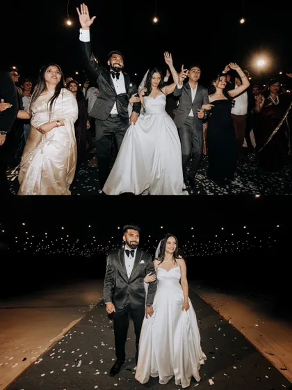 The couple makes their way through the cheering crowd, capturing the energy of the reception party.
