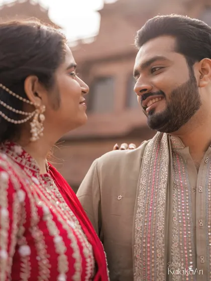 A tight close-up capturing the groom's happy smile and the bride's adoring look. These are the emotional details that make a portrait special.