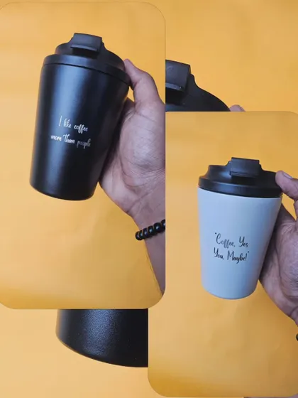 My Travel Flask 2.0, shown here in black and cream, is perfect for coffee lovers. You can add a fun quote like "I like coffee more than people" to make it your own.