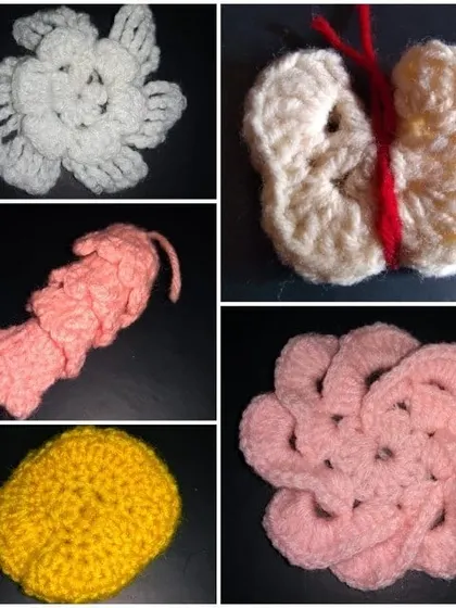 A collection of five different crochet appliqués, including a flower, butterfly, and other abstract shapes, showing the versatility of the craft.