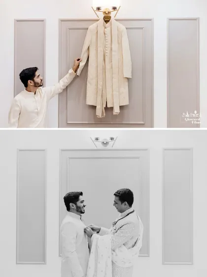 A collage of the groom getting ready, from reaching for his sherwani to his father helping him with the final touches.
