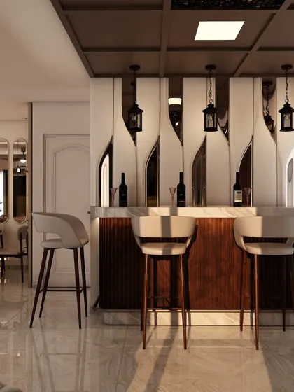 A cohesive view showing the open-plan living, dining, and bar areas. Our designs ensure a harmonious flow between different zones, making the home feel spacious and connected.