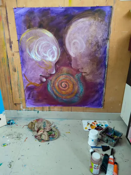 A free flowing painting in progress on a large piece of linen. I'm finding my way through this piece, and it might look completely different when it's finished.