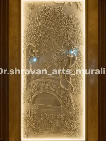 A closer view of the park scene relief mural. You can see the small, integrated LED lanterns that cast a gentle glow, adding a magical quality to the intricate sculpture.