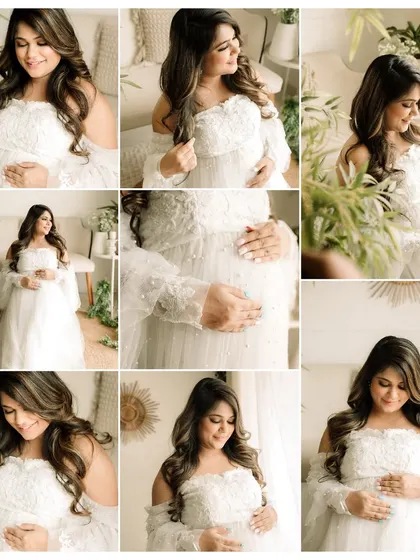 A collage showcasing the variety of poses from a single maternity session. From full-length shots to detailed close-ups, I ensure you get a complete gallery of memories in your beautiful white gown.