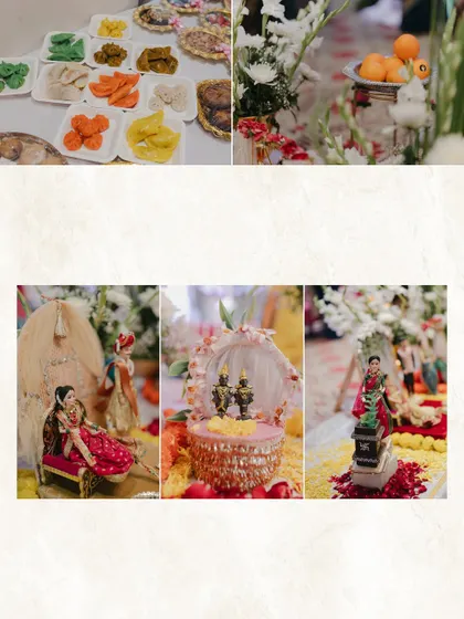A collage showing details from a baby shower food display. It includes traditional Maharashtrian snacks and sweets, beautifully arranged alongside our doll setups.