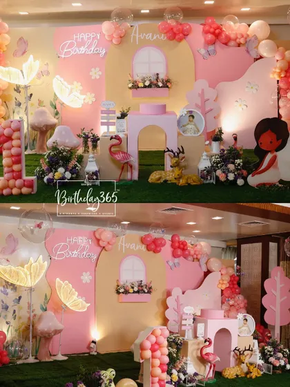 A full, two-angle view of our fairy-themed setup for Avani, showing the glowing lights, custom backdrops, and an array of charming props.
