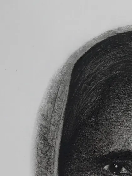 A close-up detail of the portrait, focusing on the texture of the skin and the gentle expression in her eyes.