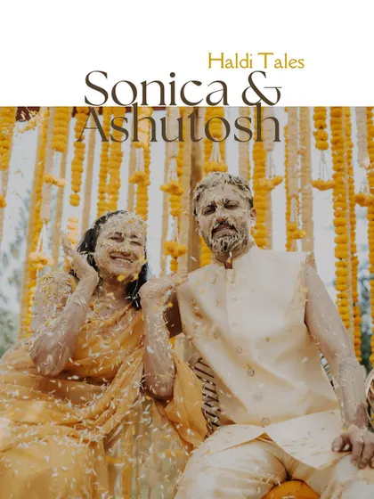 Caught in the yellow spell of love. This title card image captures the couple post-celebration, covered in turmeric and petals, smiling through it all.