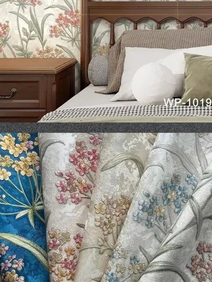 A collage showing wildflower wallpapers in a bedroom setting and as a collection of colorful rolls.