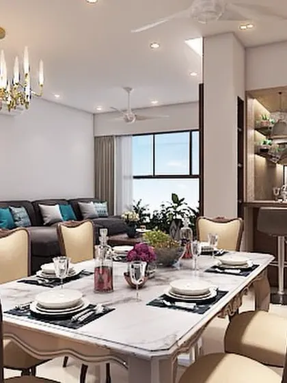This design shows a beautiful vintage-style living and dining area. A brick-textured wall and a classic mirror add character, while the open layout maintains a connection to the bar and kitchen.