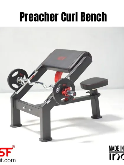 A clean product shot of our Preacher Curl Bench with a barbell, showcasing its sturdy design.