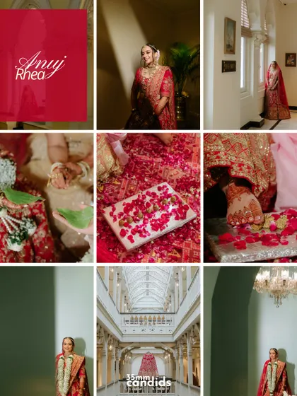 A collage celebrating Anuj and Rhea's grand wedding, focusing on the stunning bridal portraits and rich, traditional rituals.