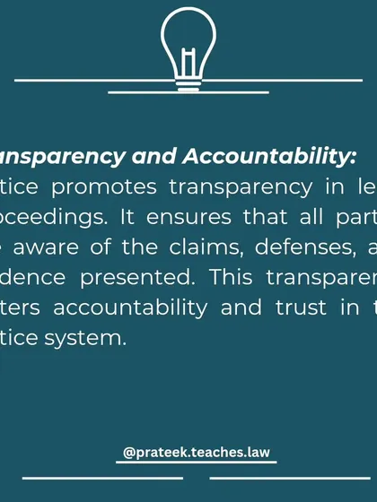 Highlighting Transparency and Accountability, this graphic shows how a notice ensures all parties are aware of claims and evidence, fostering trust in the justice system.