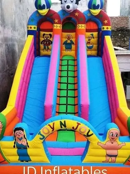 This 14x23 foot 3-slider bouncy features a Chhota Bheem theme, a popular choice for parties in India.