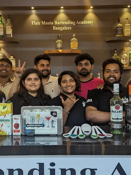 A happy group of students and instructors at our Bangalore academy after a molecular mixology session.