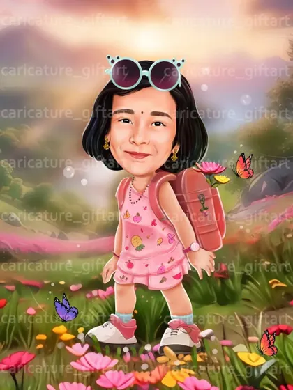 A whimsical birthday caricature for a little girl, imagined as an explorer in a field of flowers. The vibrant colors and dreamy background make it a magical gift.